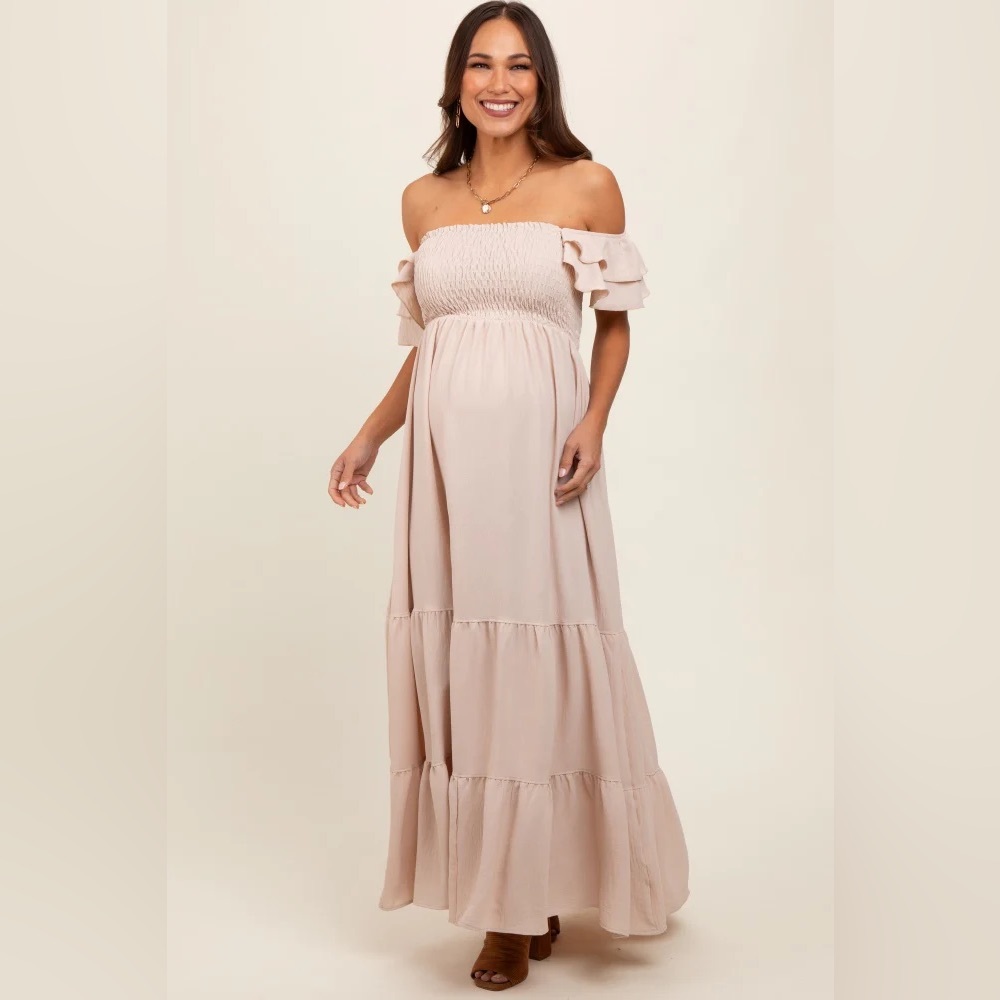 Taupe Smocked Ruffle Off Shoulder Tiered Maternity Maxi Dress